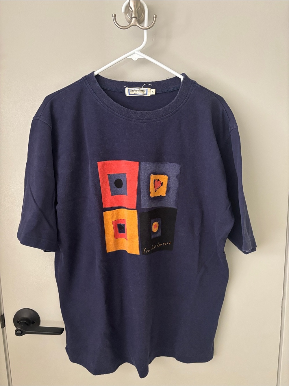 Yves Saint Laurent Navy Short-Sleeve Tee with Color Block Graphic